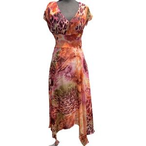 Chaya Women Orange Pink Abstract Animal Print Handkerchief Hem Midi Dress Size 8